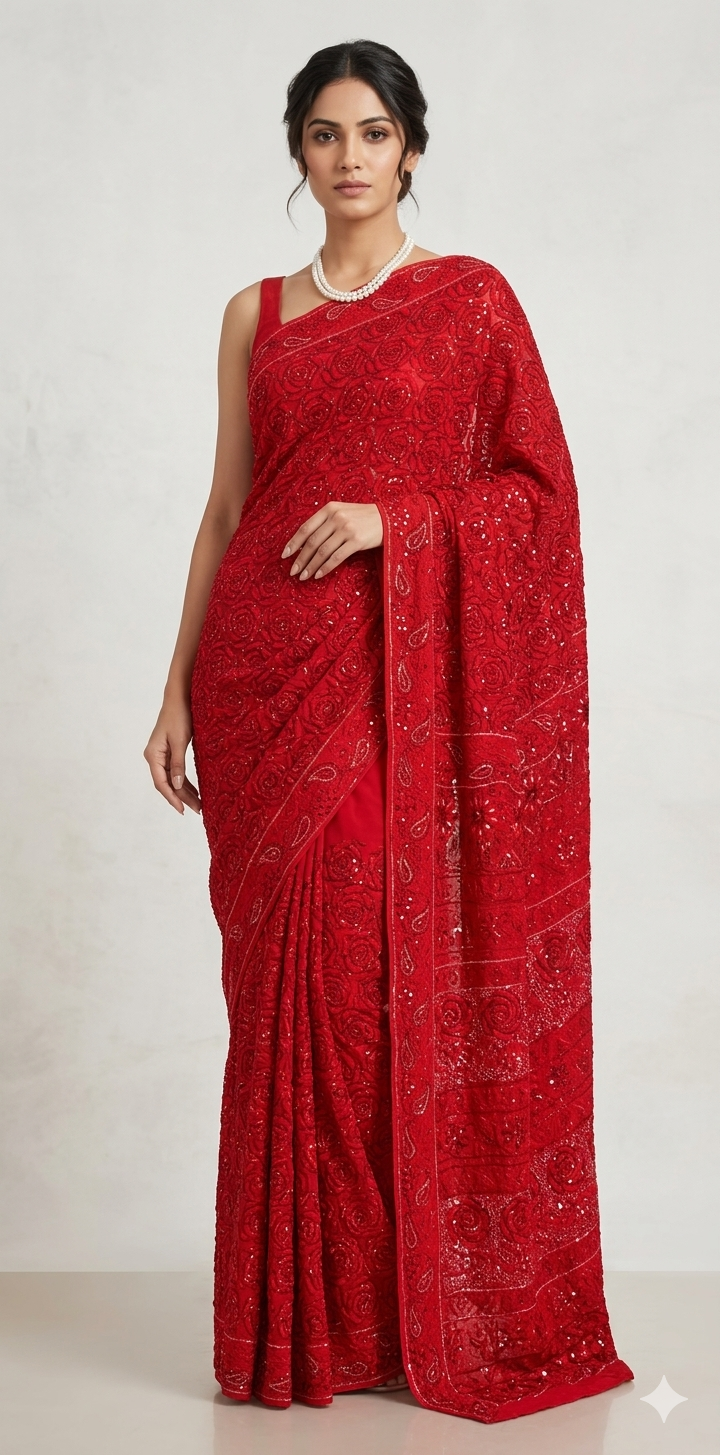 Red Gulaab Masterpiece Chikankari Cut Dana Sequins Saree