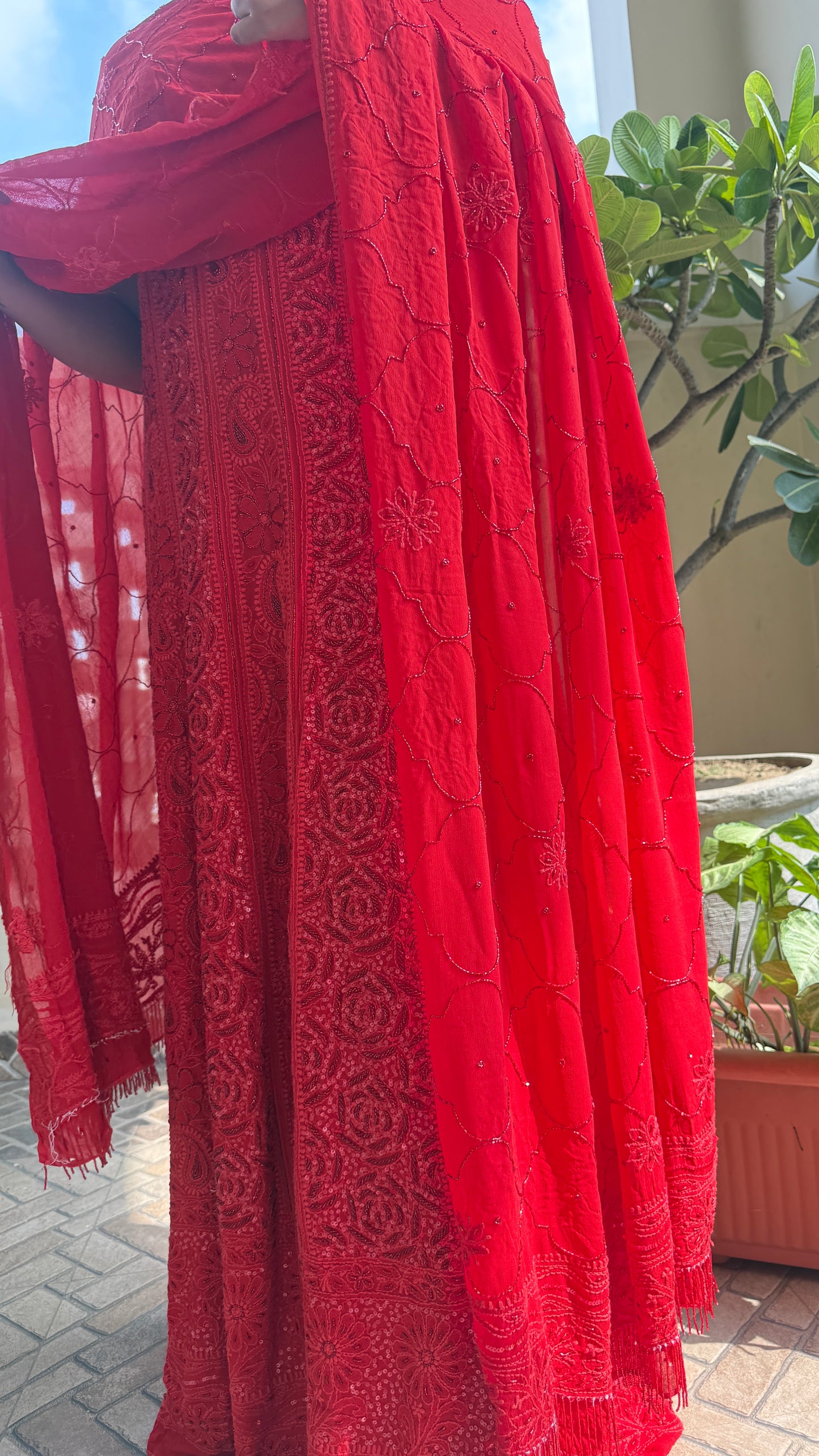 Red Chikankari Sequins and Cut Dana Anarkali