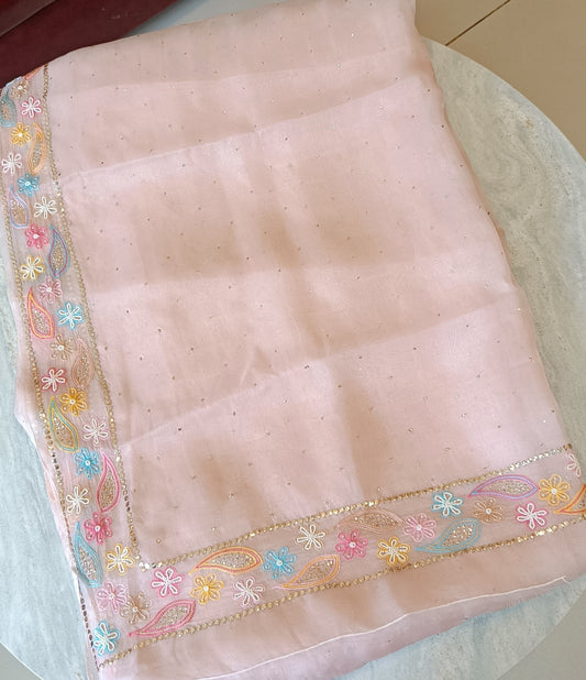 Ruhani Dusty Pink Pure Organza Saree with Allover Mukaish and multicolored border
