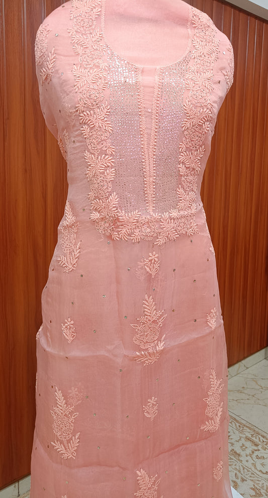 Peach Chikankari and mukaish work pure Organza kurta with dupatta