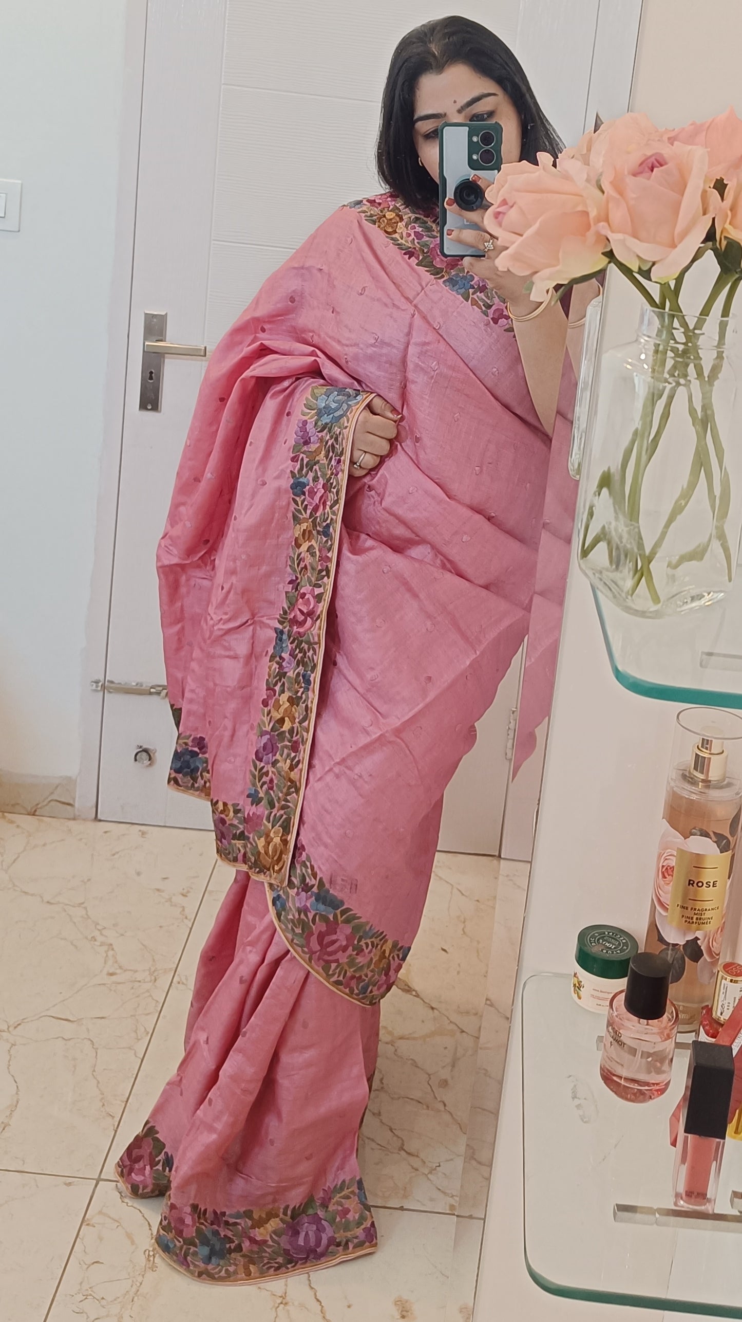 Pink Parsi Gara Hand Embroidered Tussar Silk Saree