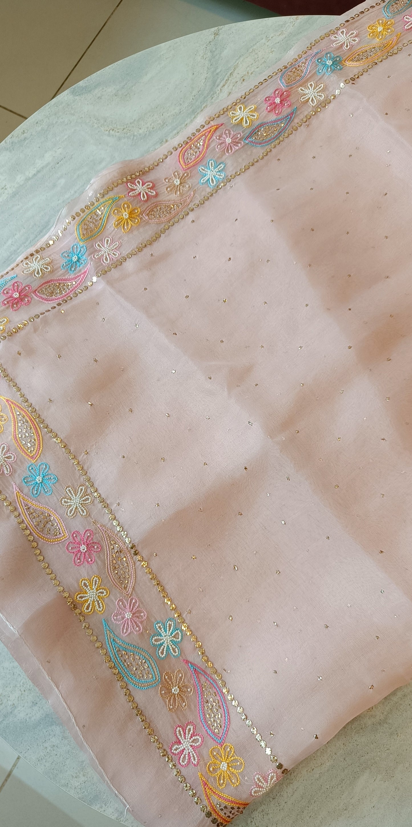 Ruhani Dusty Pink Pure Organza Saree with Allover Mukaish and multicolored border