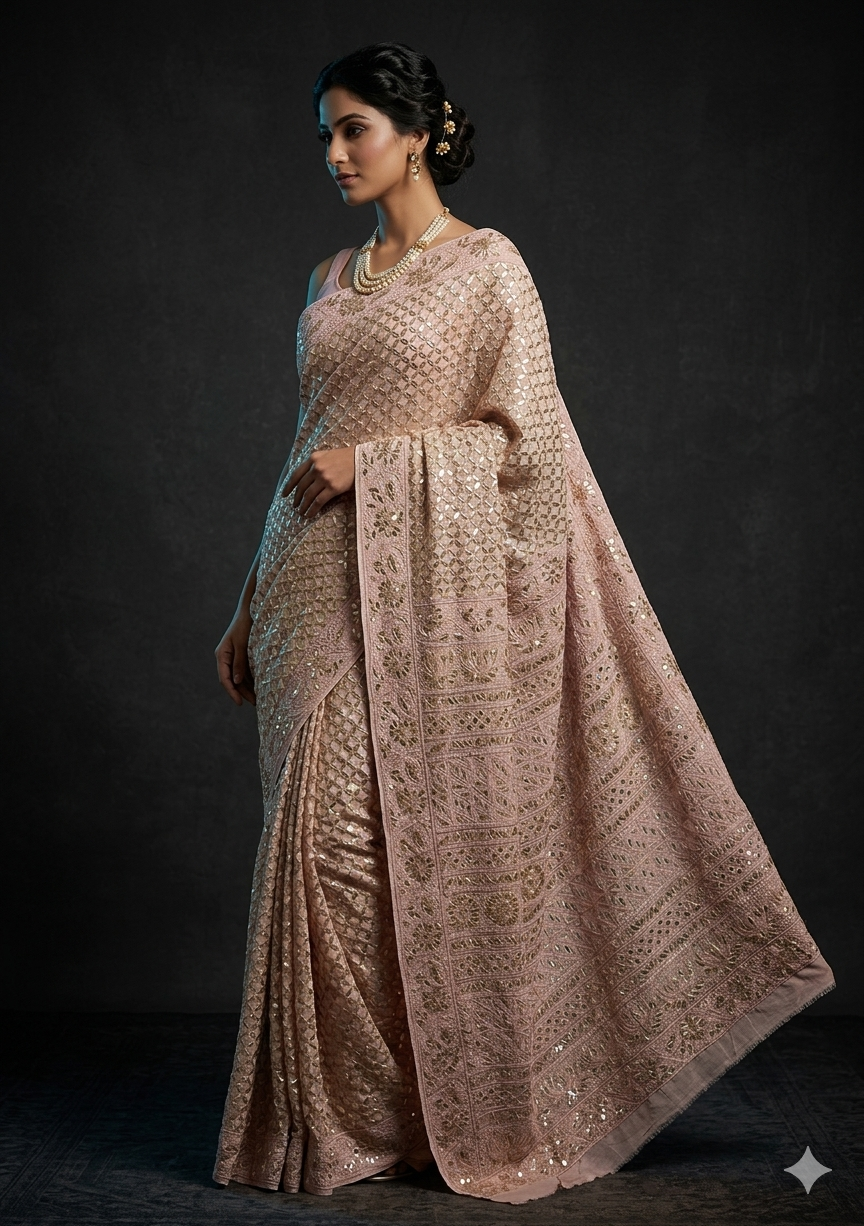 Ruhani Dusty Pink Chikankari and Gota Patti Saree