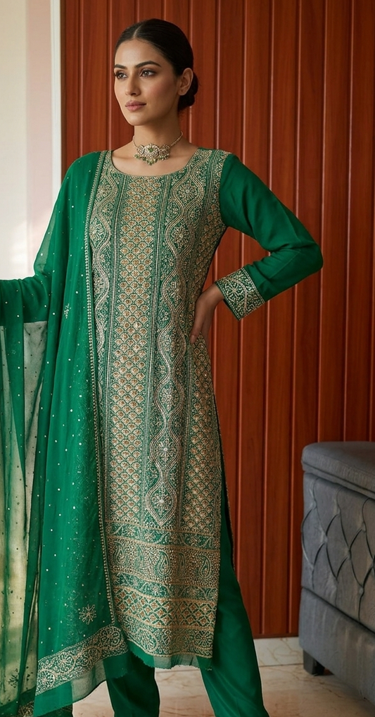 Ruhani Emerald Green Chikankari golden cut dana sequins kurta and dupatta