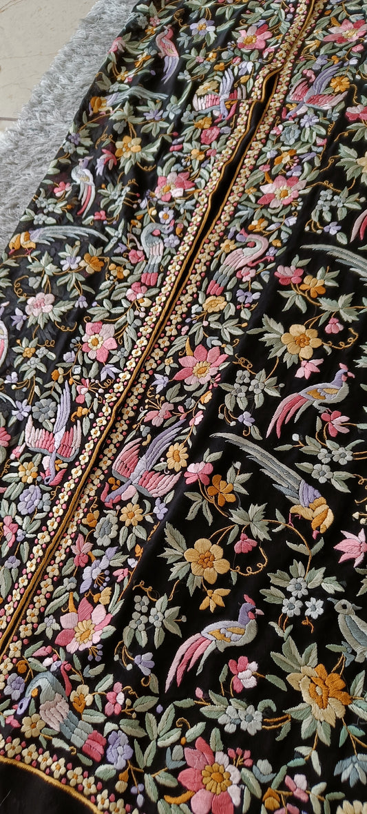 Black Masterpiece Hand Embroidered Parsi Gara Jacket Fabric