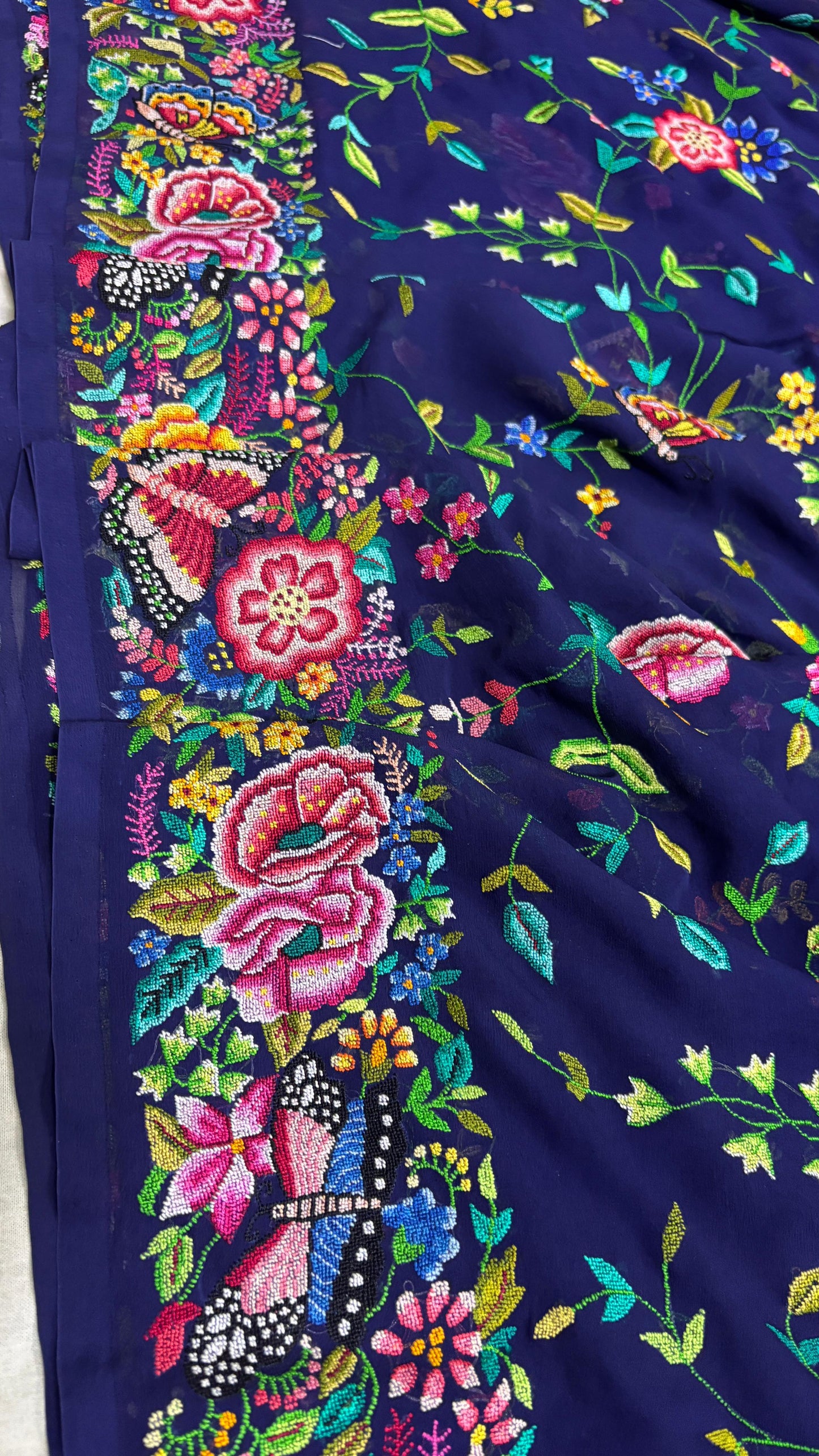 Pre-order Navy Blue Masterpiece Petit Point Hand Embroidered Saree