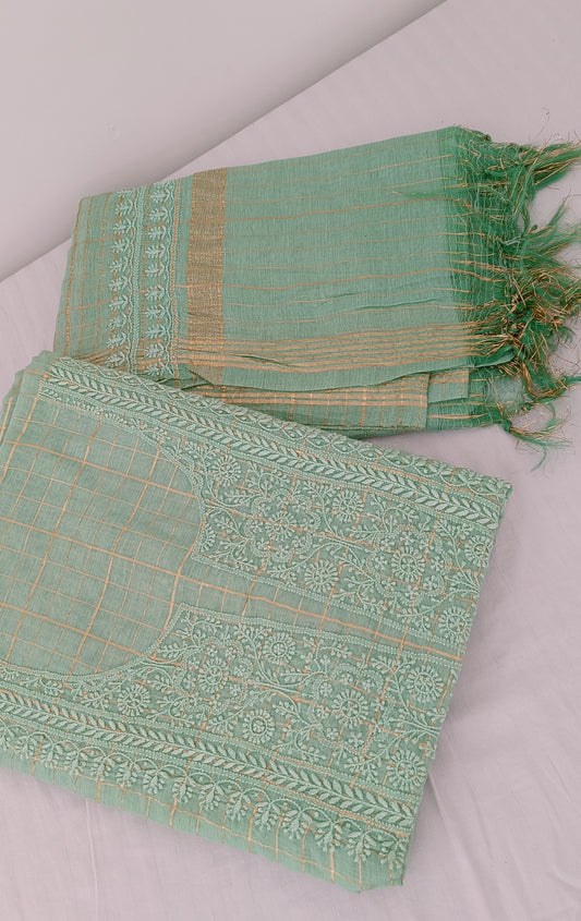 Sage Green Pure Chanderi chikankari kurta and dupatta