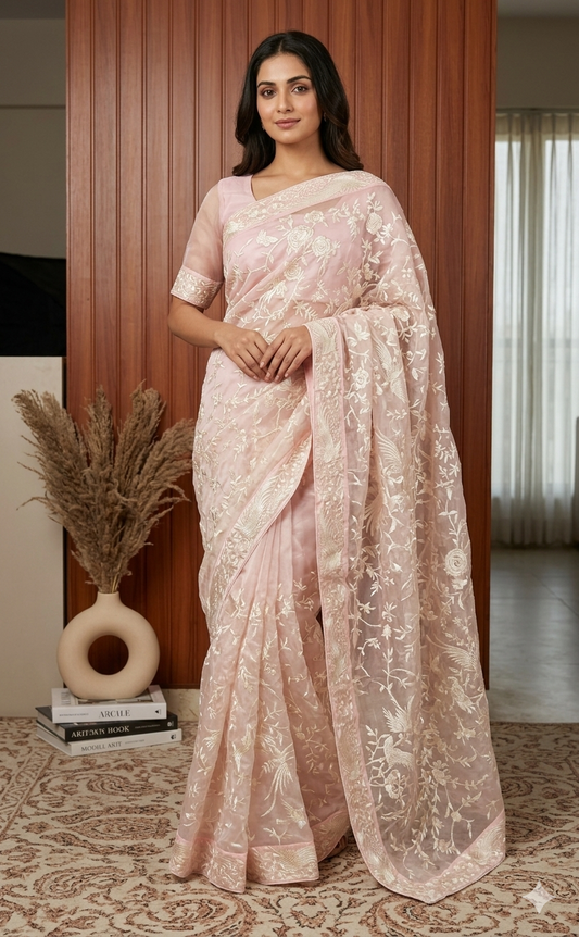 Light Pink Masterpiece Parsi Gara Hand Embroidered Pure Organza Saree