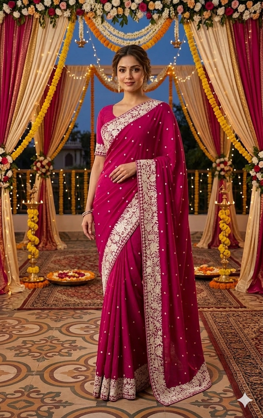 Fuchsia Pink Pure Crepe Parsi Gara Hand Embroidered Saree