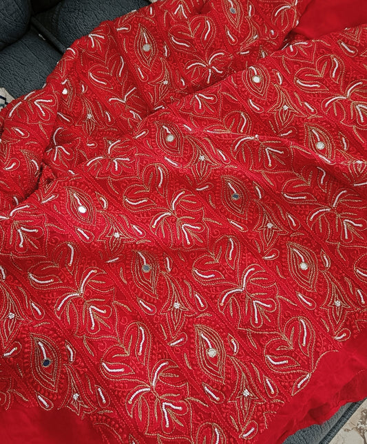 Red Chikankari Pearl and Aari work Kurta and Dupatta