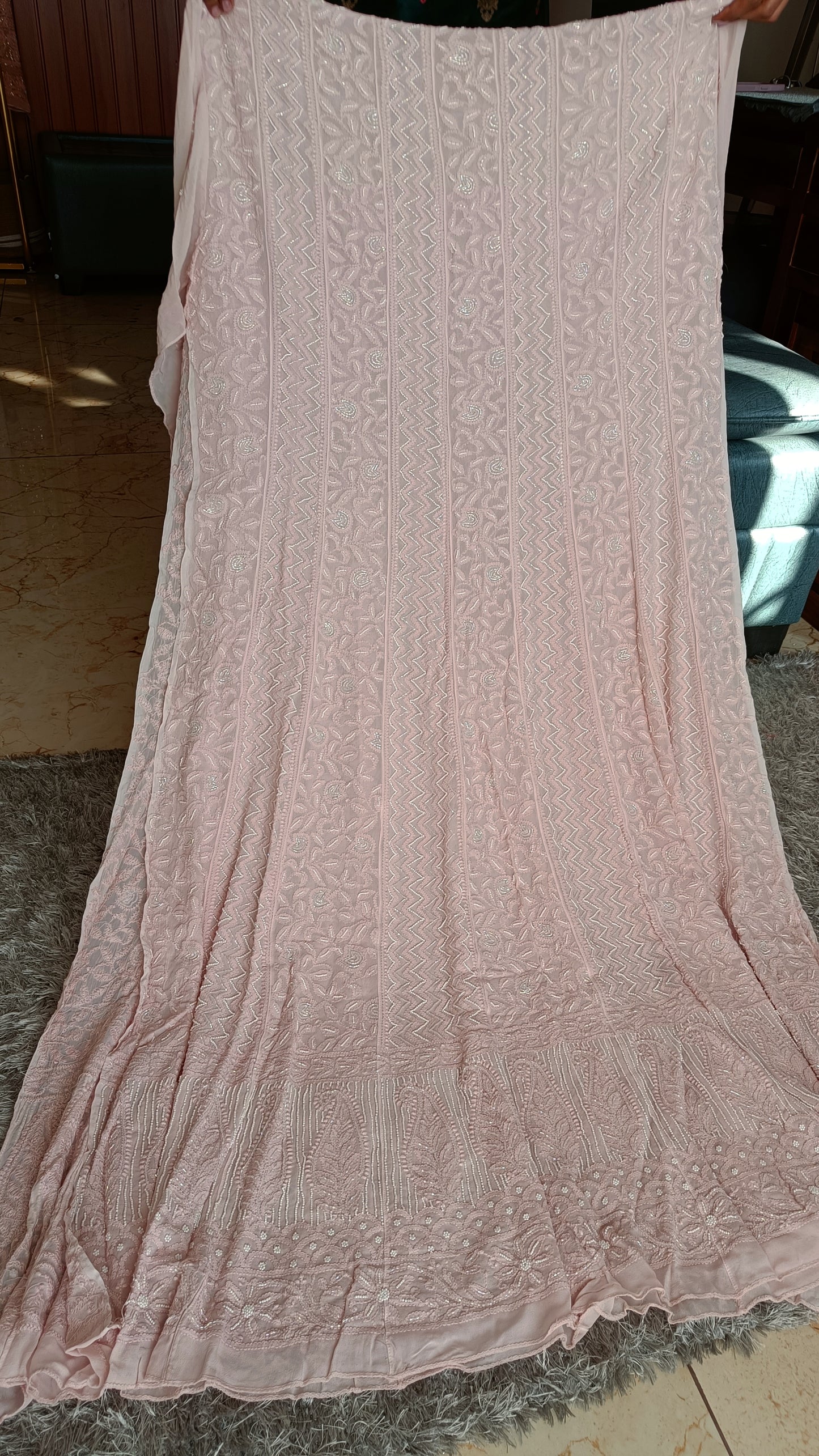 Powder pink Chikankari Cut Dana and pearl Anarkali with Dupatta