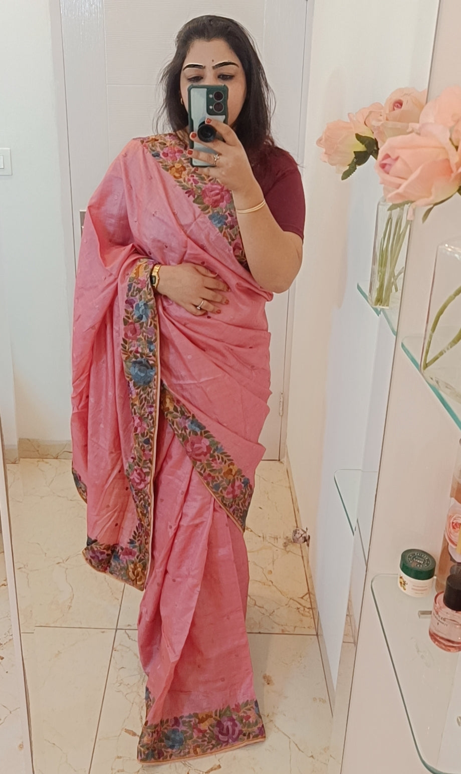 Pink Parsi Gara Hand Embroidered Tussar Silk Saree