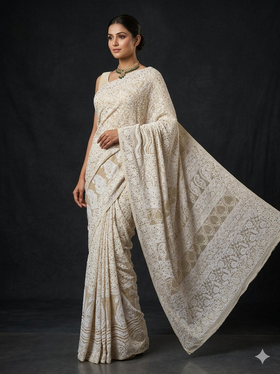 Ruhani Ivory Allover Fine Chikankari and Mukaish Saree