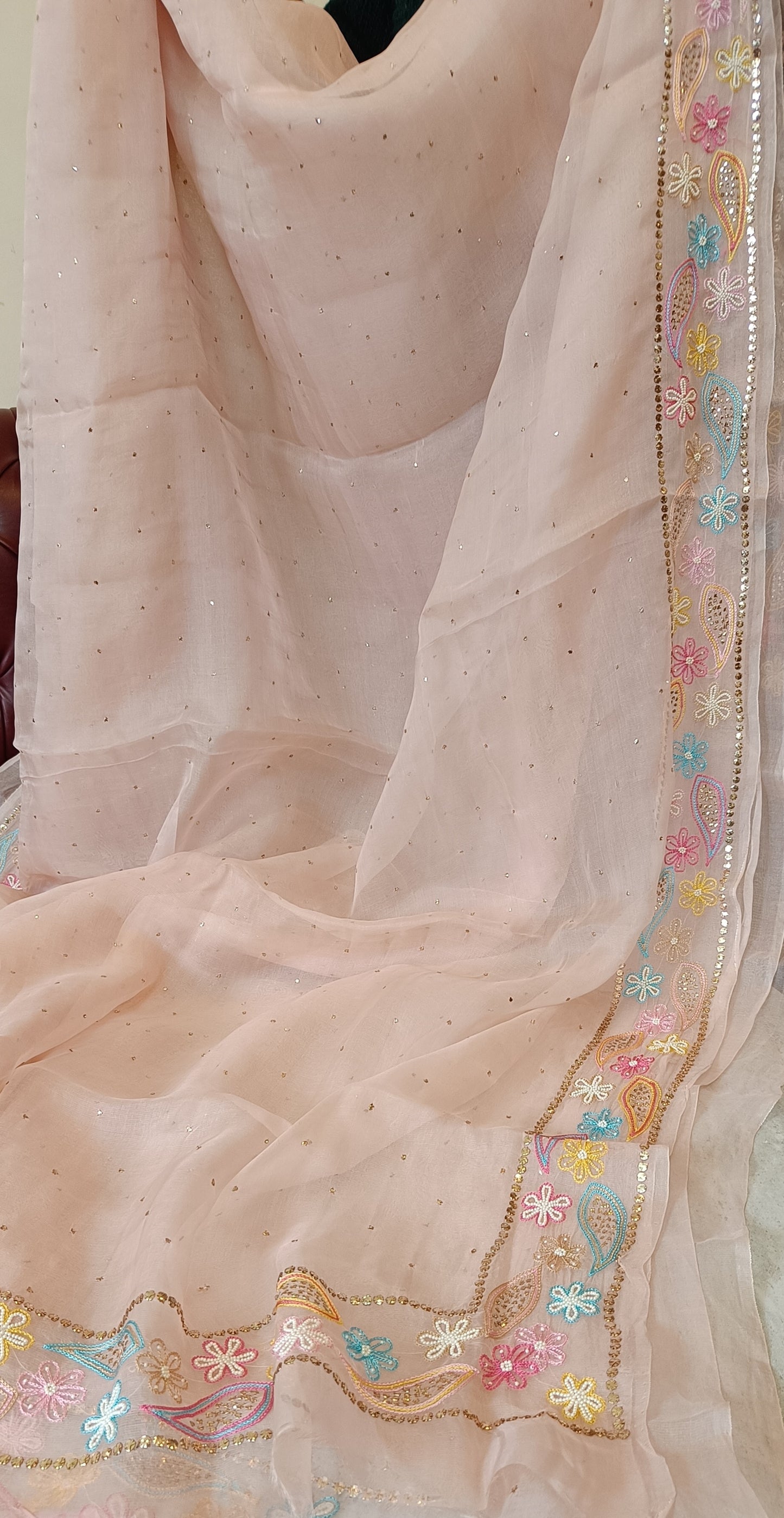 Ruhani Dusty Pink Pure Organza Saree with Allover Mukaish and multicolored border