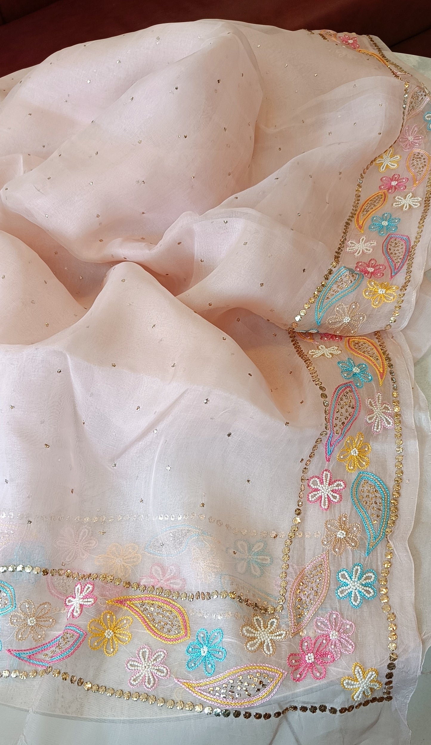 Ruhani Dusty Pink Pure Organza Saree with Allover Mukaish and multicolored border