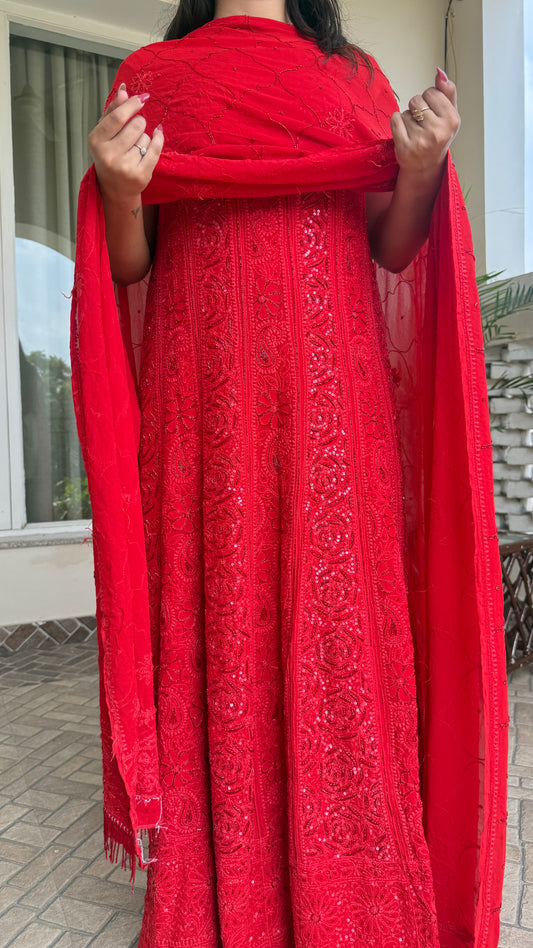 Red Chikankari Sequins and Cut Dana Anarkali