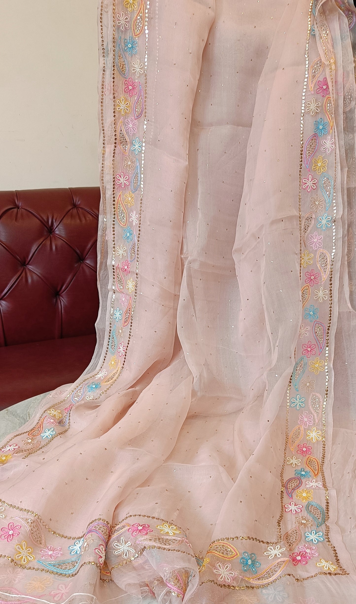 Ruhani Dusty Pink Pure Organza Saree with Allover Mukaish and multicolored border