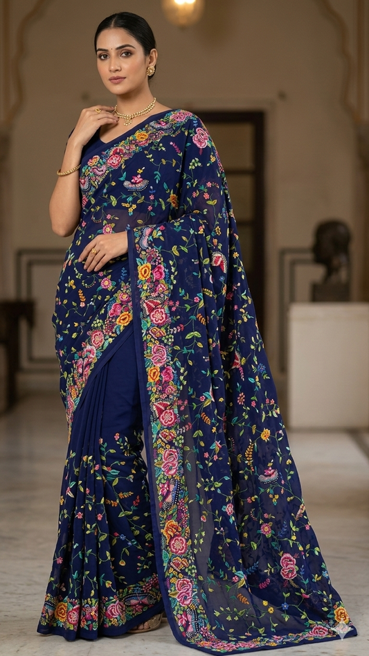 Pre-order Navy Blue Masterpiece Petit Point Hand Embroidered Saree