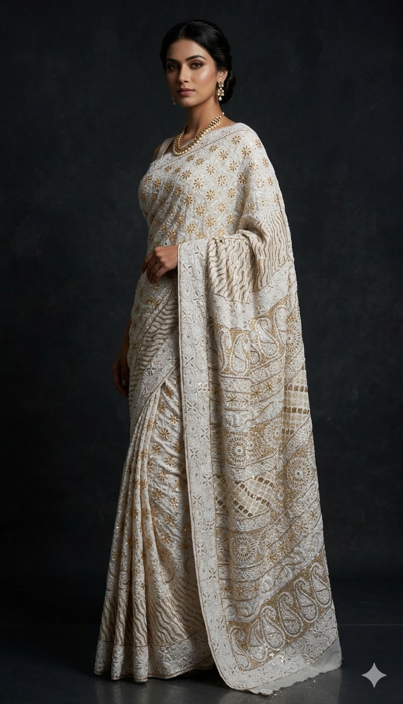 Ruhani Off White Chikankari Sequins Cut Dana Embroidered Masterpiece Saree