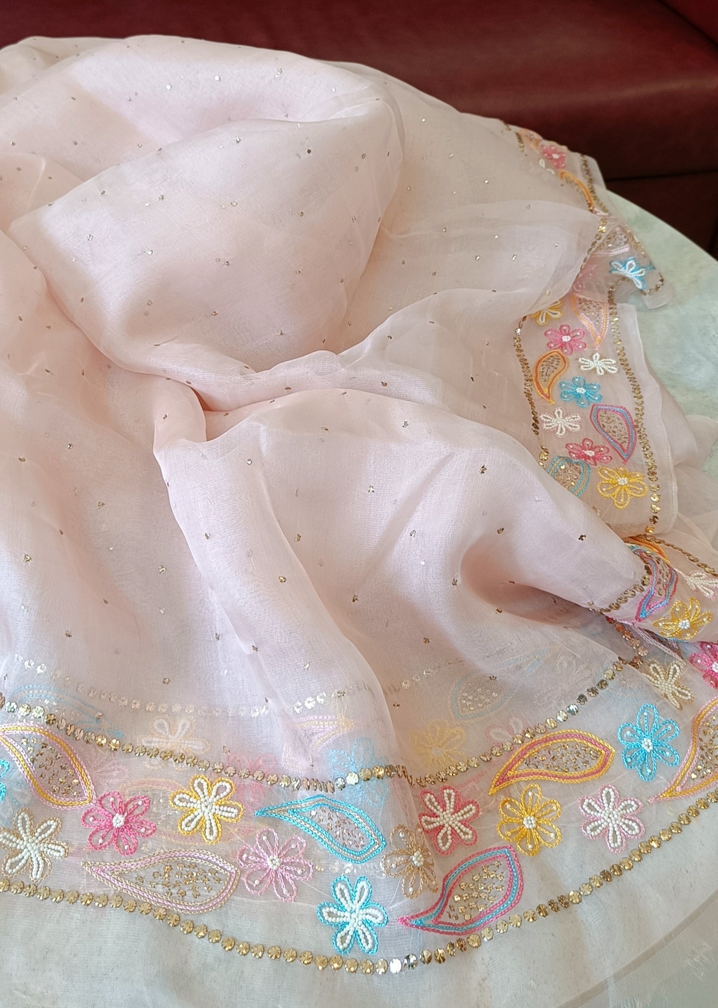 Ruhani Dusty Pink Pure Organza Saree with Allover Mukaish and multicolored border