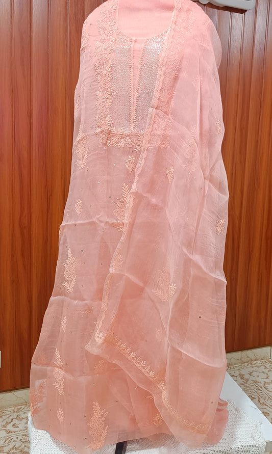 Peach Chikankari and mukaish work pure Organza kurta with dupatta