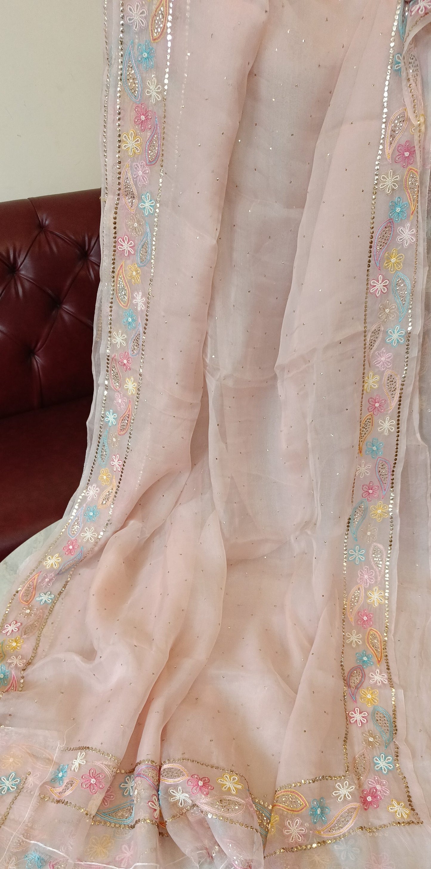 Ruhani Dusty Pink Pure Organza Saree with Allover Mukaish and multicolored border