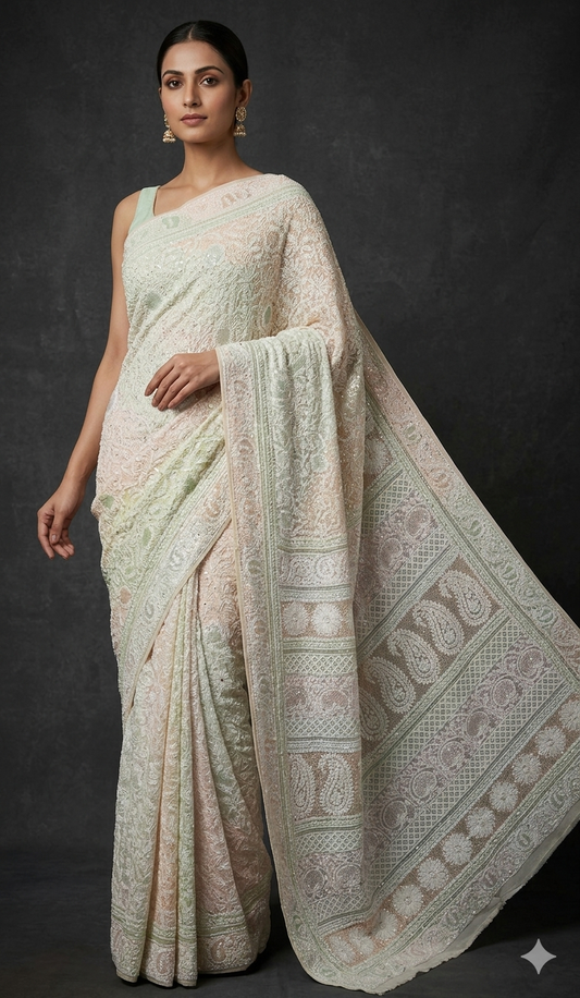 Ruhani Ivory Chikankari Multi Cut Dana and Sequins Saree
