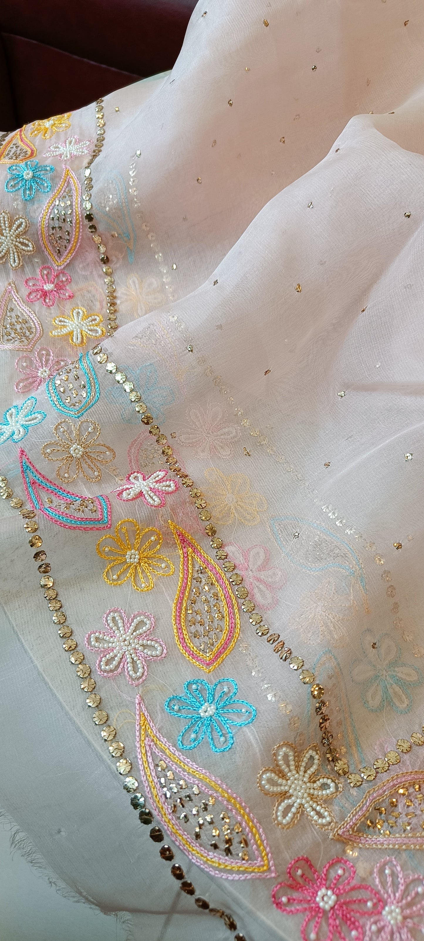 Ruhani Dusty Pink Pure Organza Saree with Allover Mukaish and multicolored border