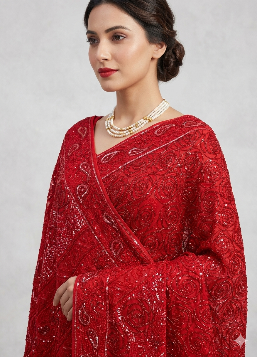 Red Gulaab Masterpiece Chikankari Cut Dana Sequins Saree