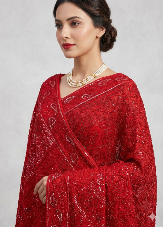 Red Gulaab Masterpiece Chikankari Cut Dana Sequins Saree