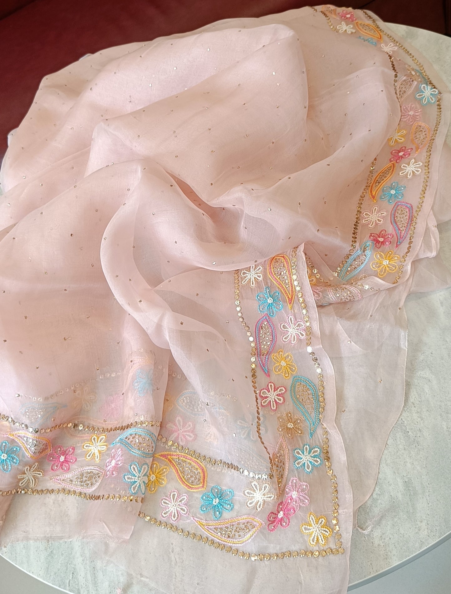 Ruhani Dusty Pink Pure Organza Saree with Allover Mukaish and multicolored border