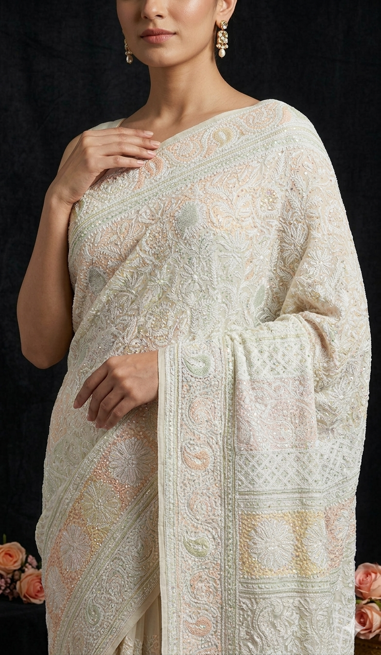 Ruhani Ivory Chikankari Multi Cut Dana and Sequins Saree