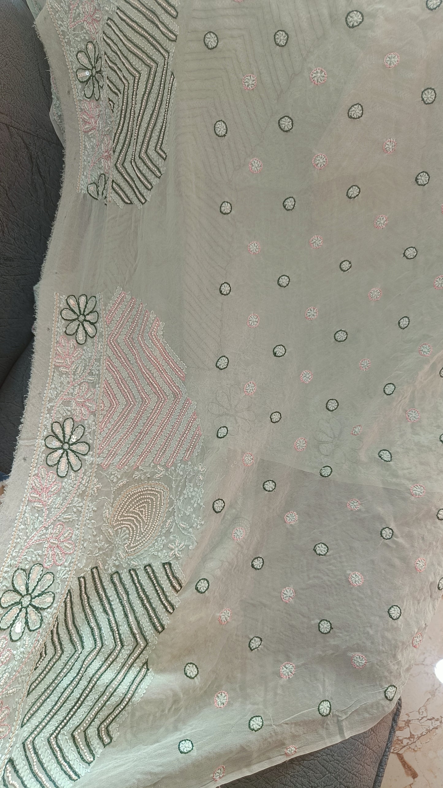 Ruhani Sage Green Chikankari Saree with Pearl Sequins and Resham Embroidery