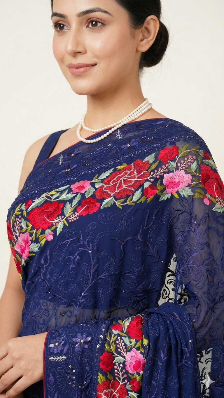 Navy Blue Pure Georgette saree with allover Parsi gara and french knot hand embroidery