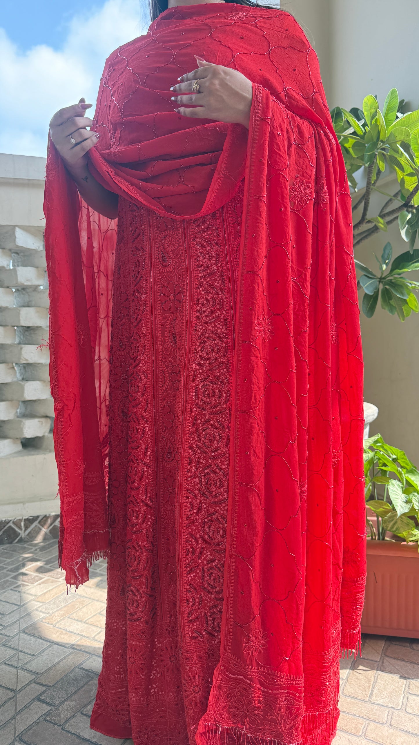 Red Chikankari Sequins and Cut Dana Anarkali