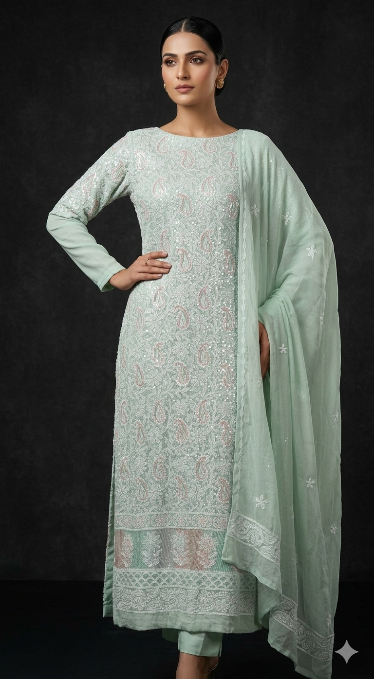 Sea green Chikankari cut dana sequins work kurta and dupatta