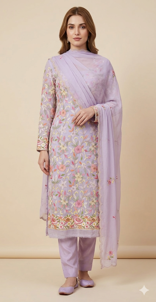 Lavender Resham Chikankari Parsi Gara and pearl work suit