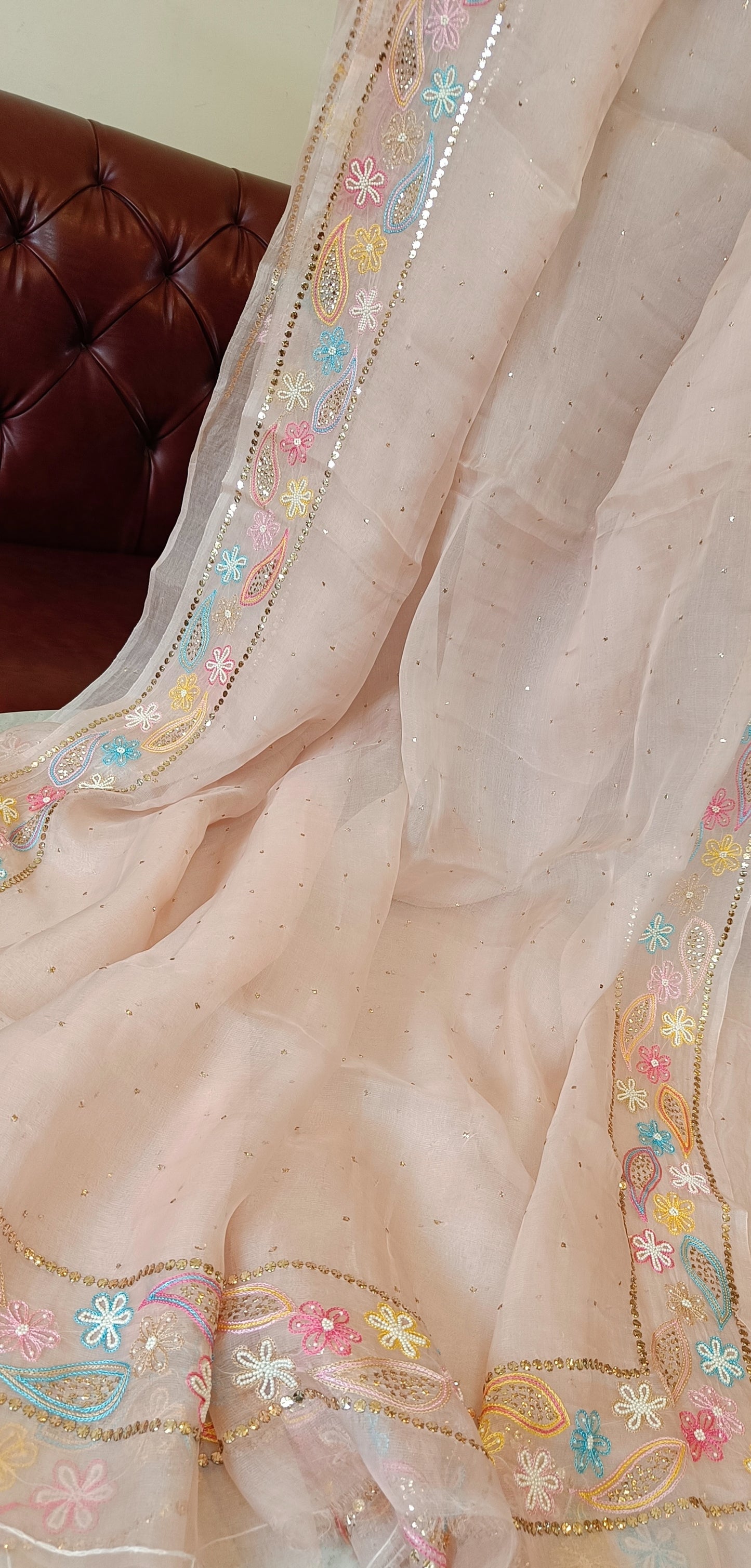 Ruhani Dusty Pink Pure Organza Saree with Allover Mukaish and multicolored border
