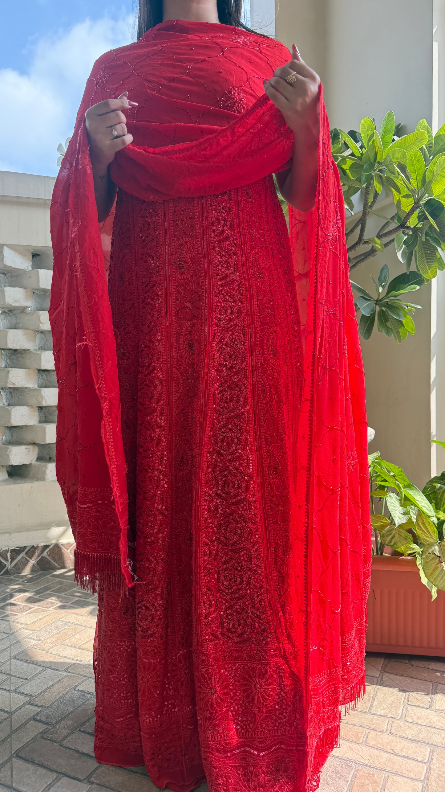 Red Chikankari Sequins and Cut Dana Anarkali