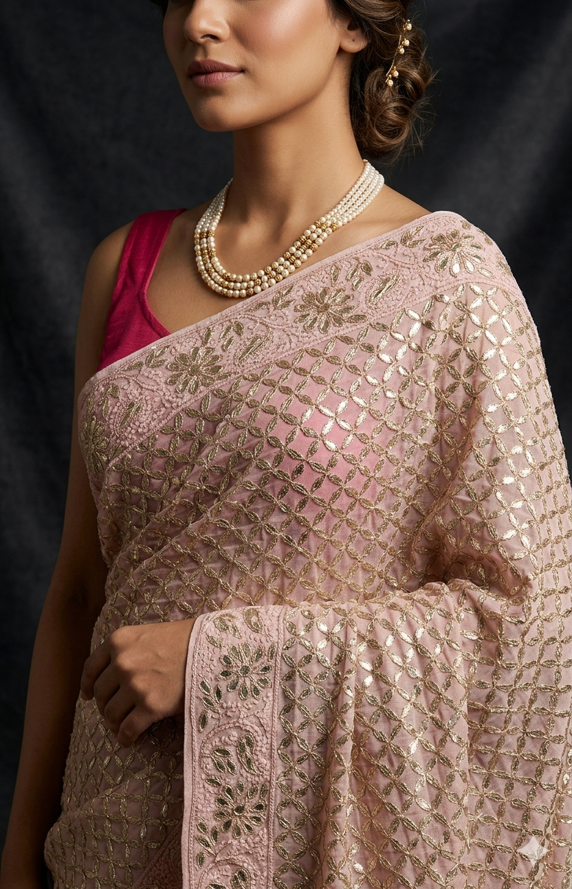 Ruhani Dusty Pink Chikankari and Gota Patti Saree