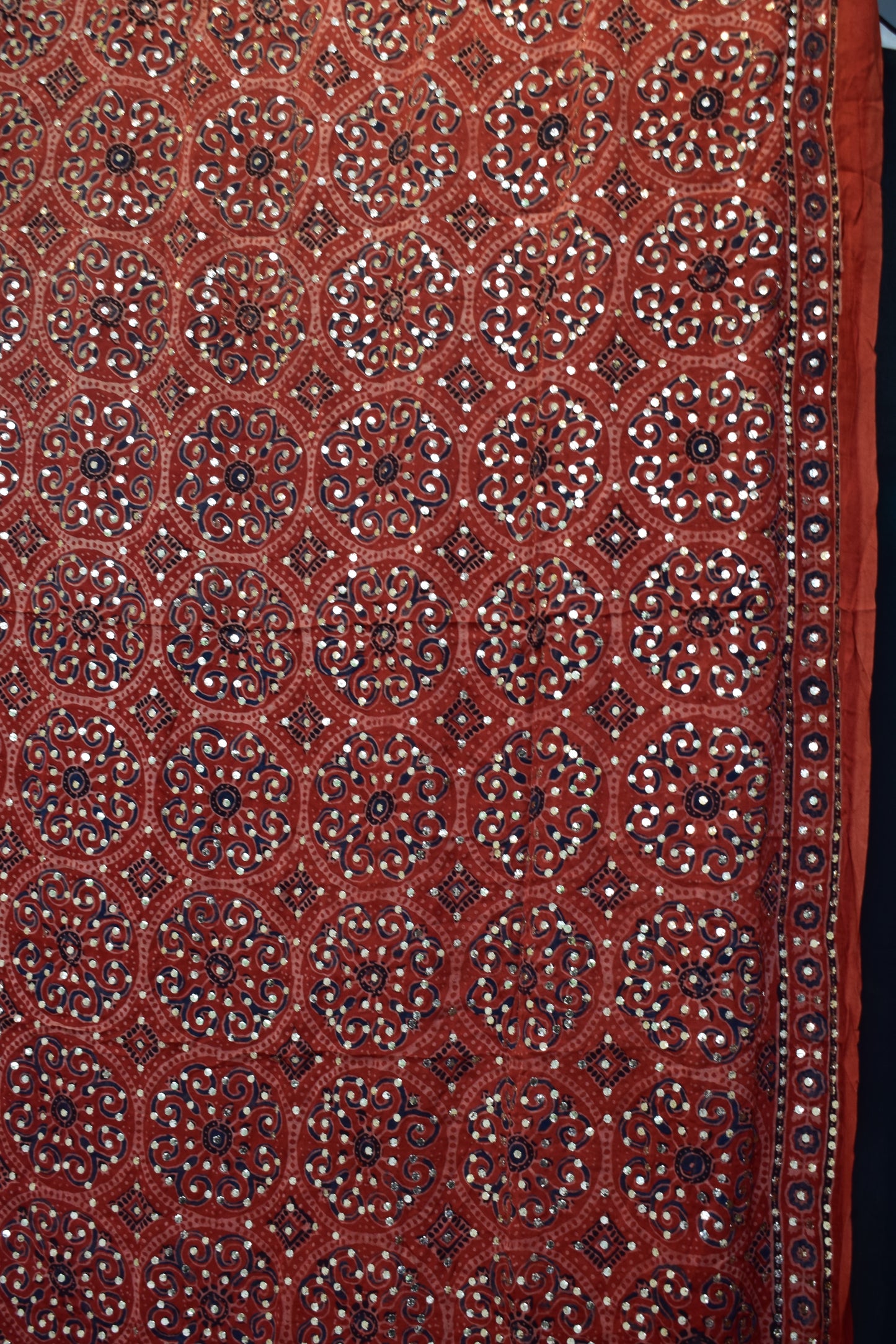 Rust modal silk ajrakh block printed dupatta with heavy mukaish