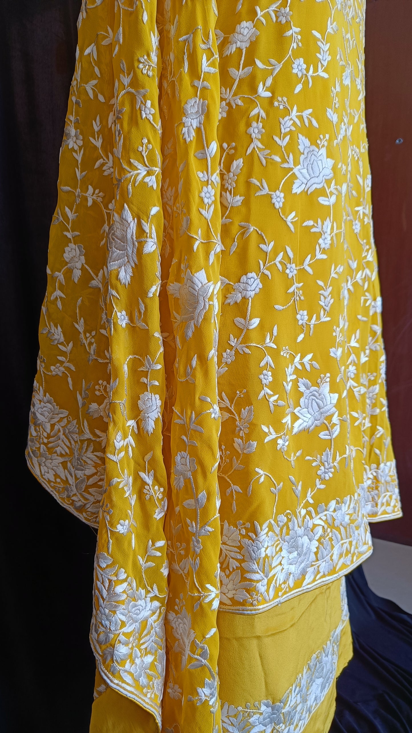 Yellow Hand Embroidered Parsi Gara Pure Crepe Full Suit