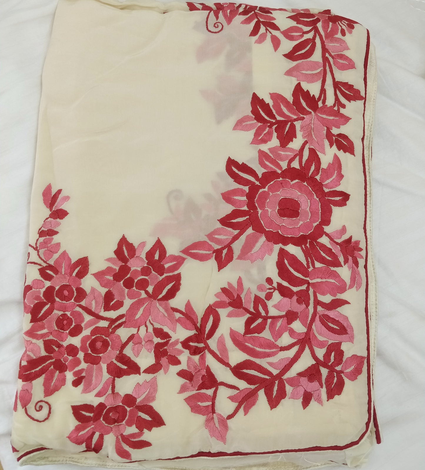 Zeebah cream pure crepe saree with parsi gara hand embroidery
