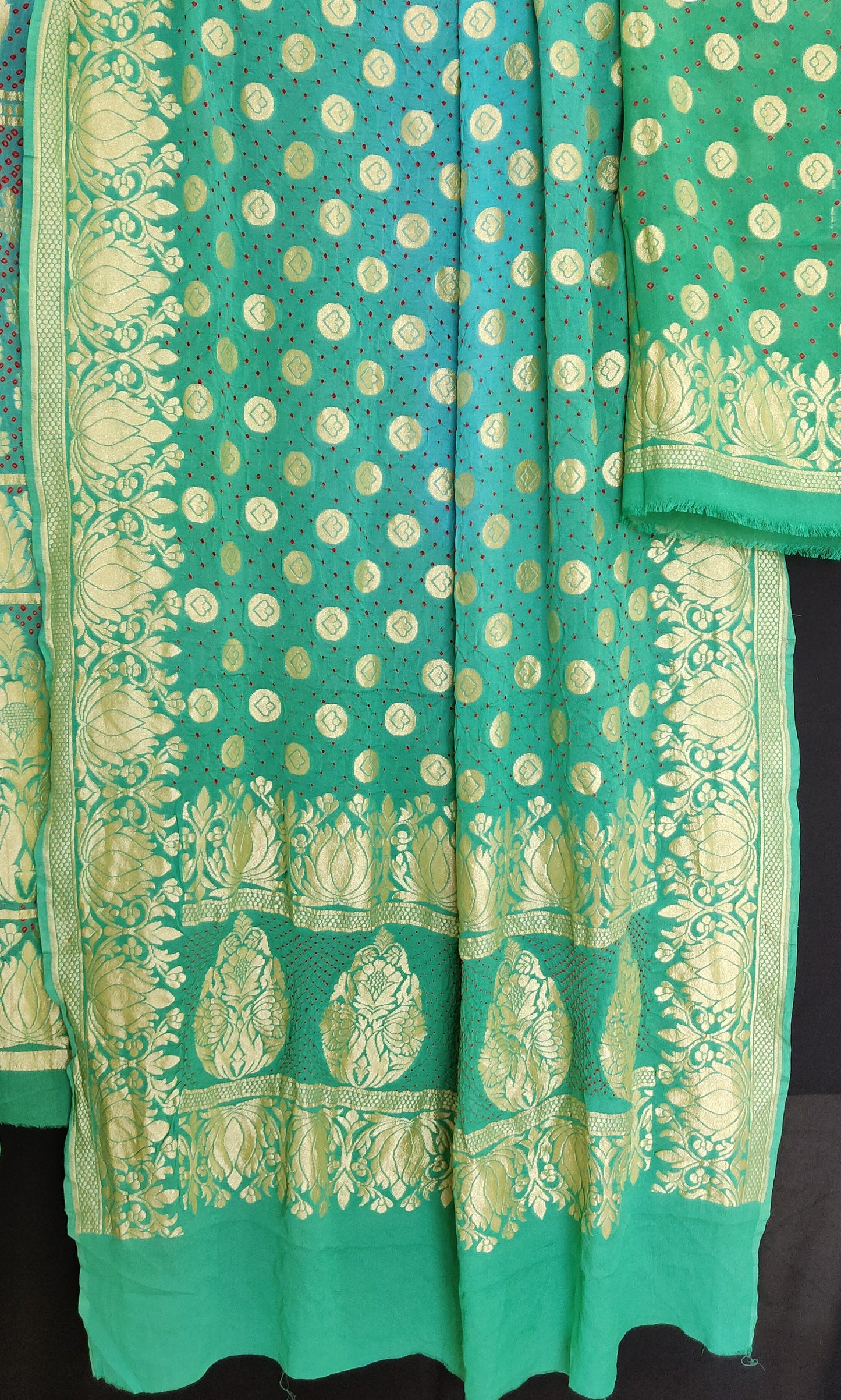 Firozi green and blue shaded pure georgette banarasi with bandhej Lehenga set