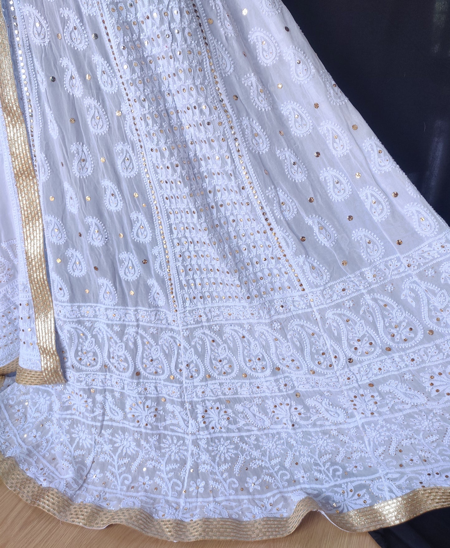 Powder Blue half pure georgette light Chikankari and mukaish lehenga set