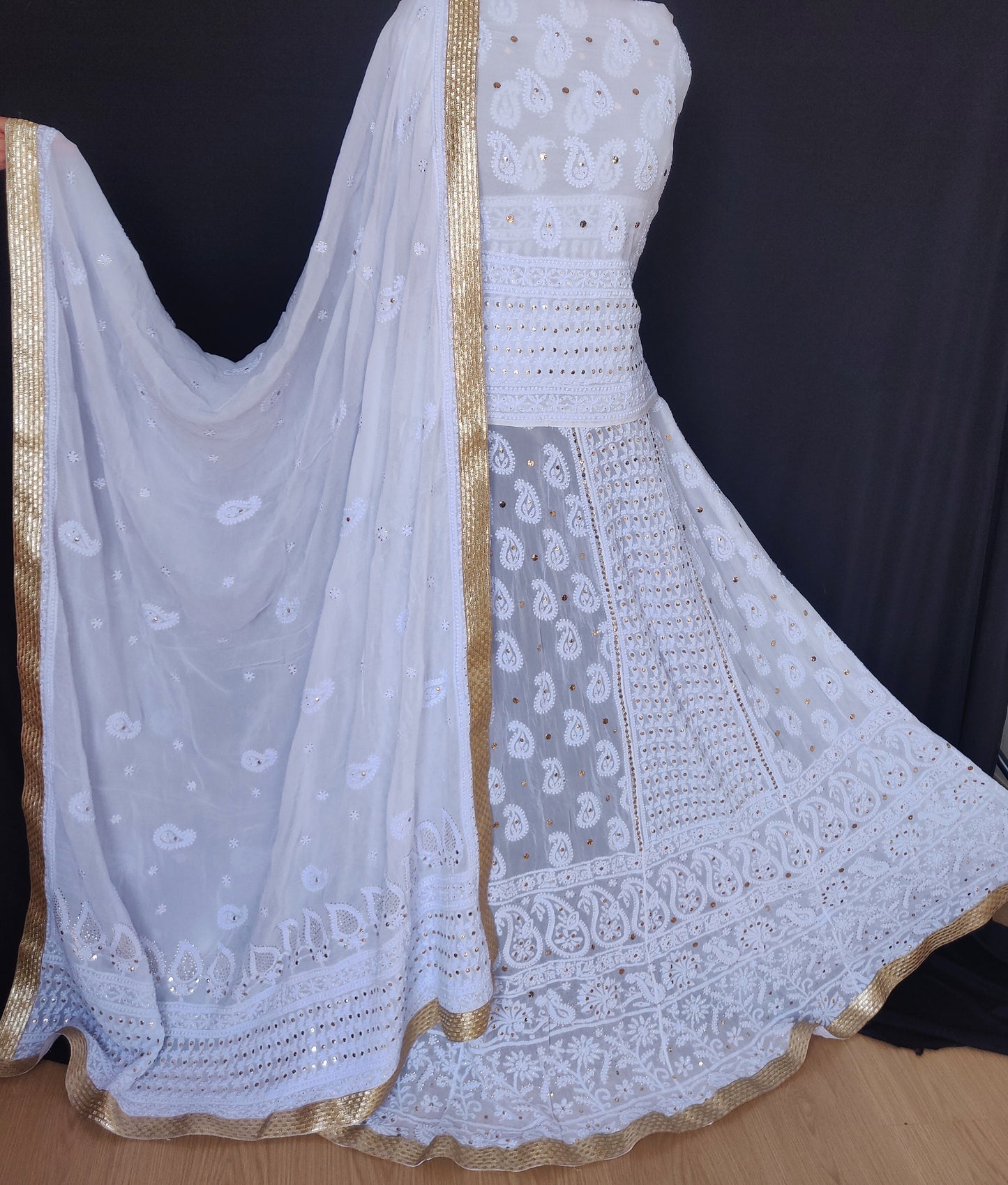 Powder Blue half pure georgette light Chikankari and mukaish lehenga set