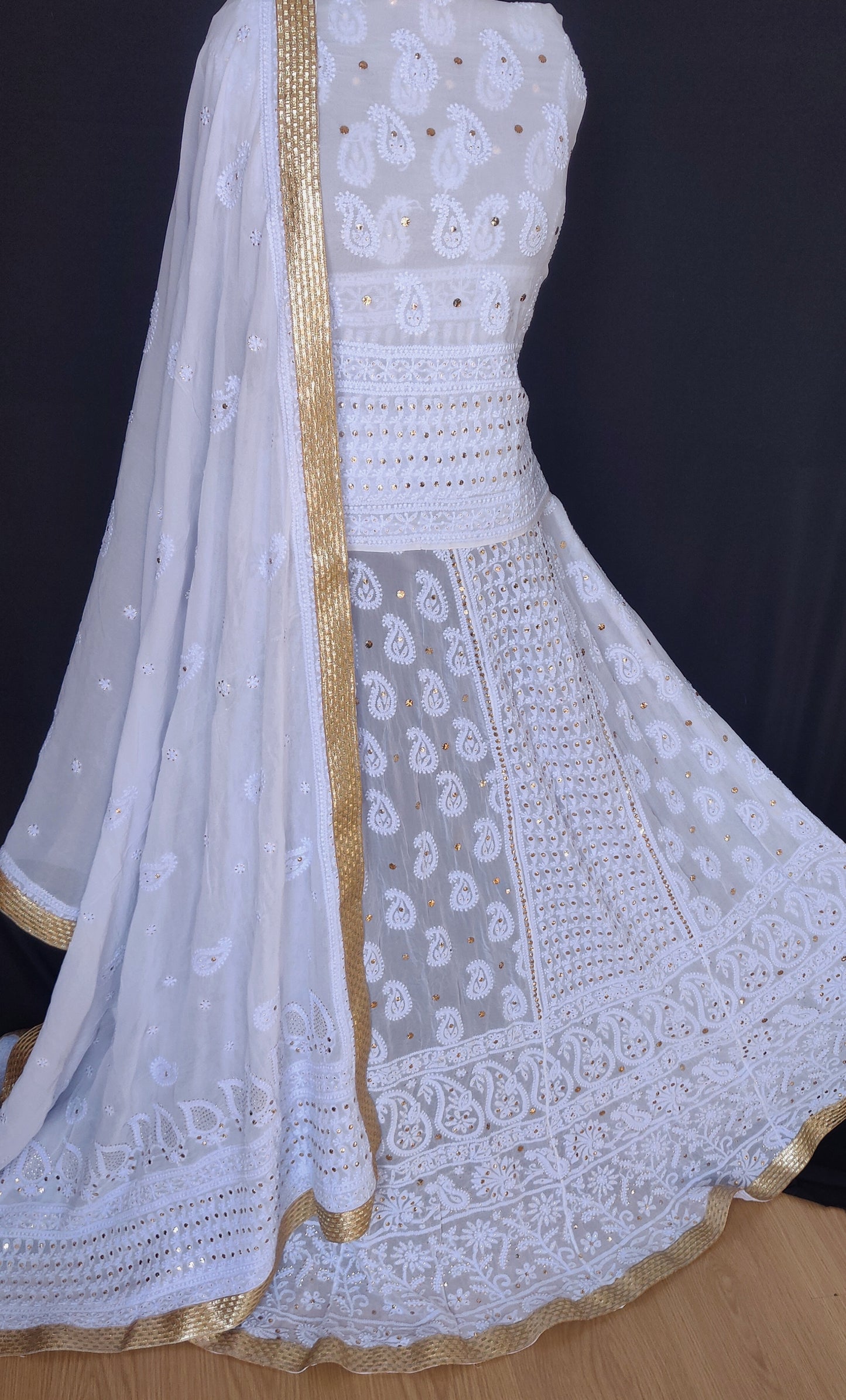 Powder Blue half pure georgette light Chikankari and mukaish lehenga set