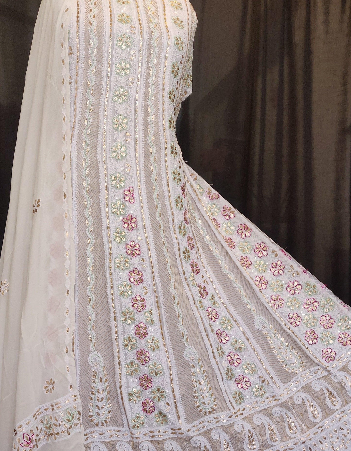 Ivory Chikankari and gota patti anarkali with dupatta - Lucknowi Andaaz