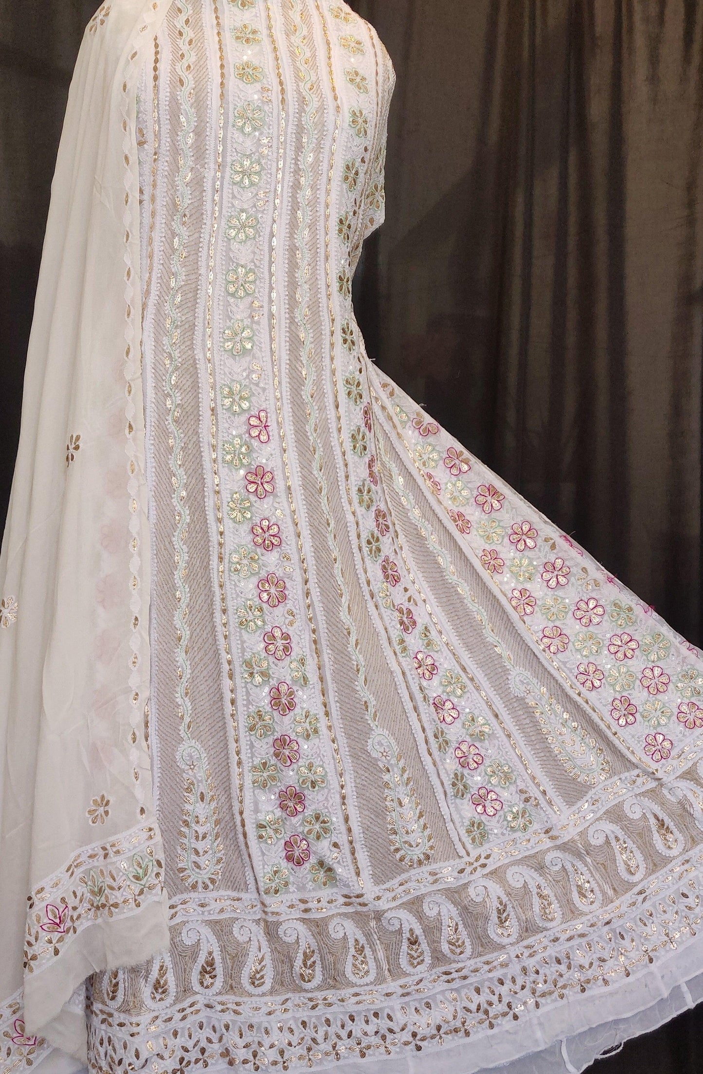 Ivory Chikankari and gota patti anarkali with dupatta - Lucknowi Andaaz