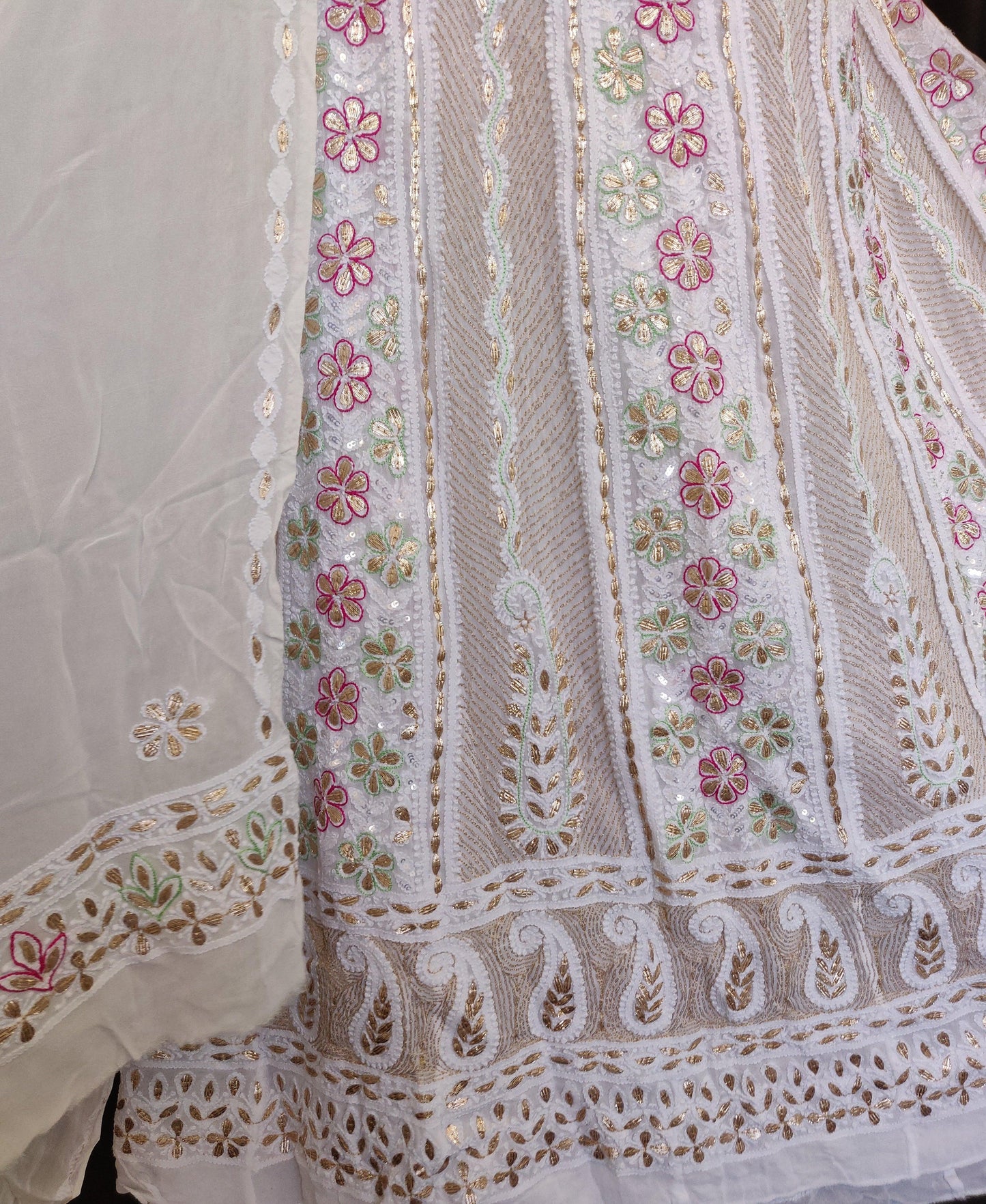 Ivory Chikankari and gota patti anarkali with dupatta - Lucknowi Andaaz